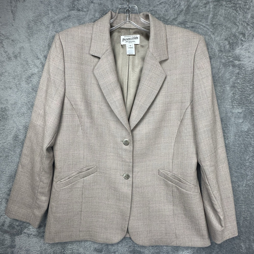 VTG Pendleton Blazer Jacket Women's Size 10 Brown Pink Plaid 2-Button Wool USA